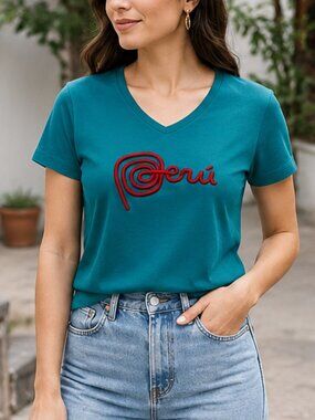 MCM Women's Teal V-Neck Embroidered Perú T-Shirt Short Sleeve Size M